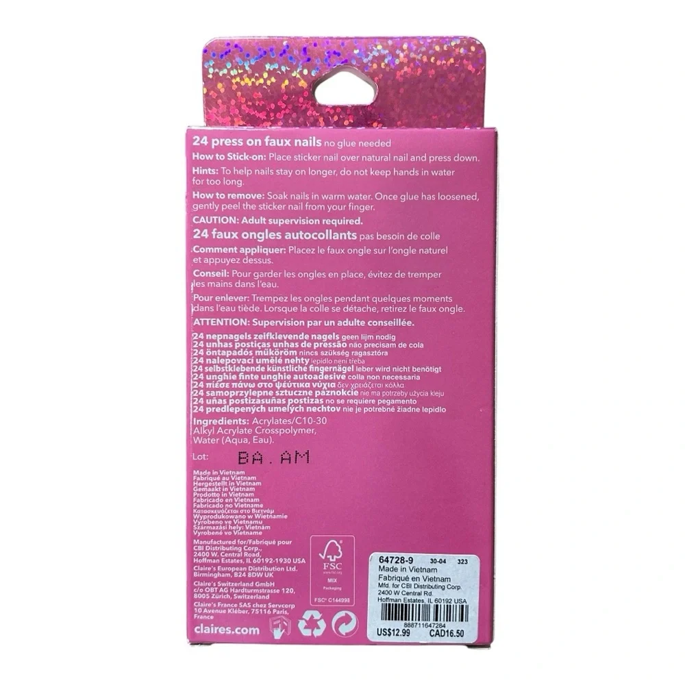 Girls Press On Faux Nail Set Vegan Pink and black Claire’s Girls Host Pick New